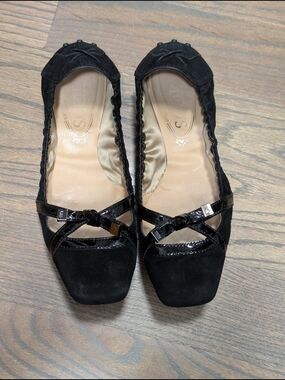 TOD'S Ballerina Flats Black Suede Patent Bow Sz 8 / 38
